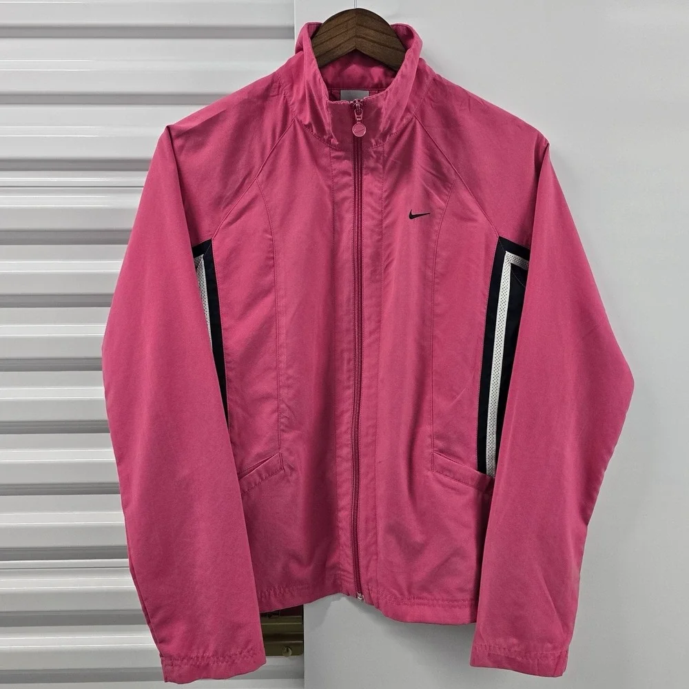 Nike Womens Medium Pink Full Zip Running Jacket Windbreaker Swoosh EUC
